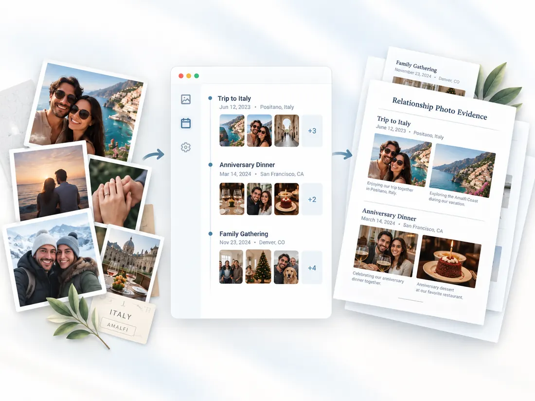 Relationship photos organized into events and turned into relationship photo evidence pages